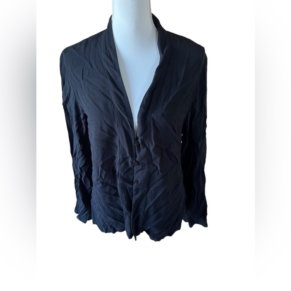 Eileen Fisher Black Button Front Long Sleeve Crinkle Shirt